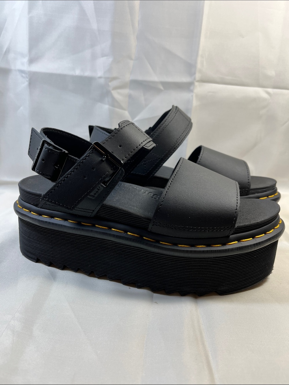 Dr. Martens Black Platform Strap Sandals with Yellow Stitching